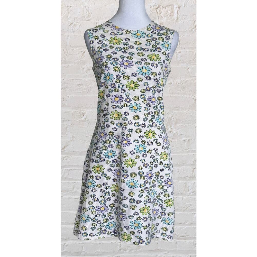 Vintage 70s Aqua Blues Floral Psychedelic Shift Mini Dress Sz M Hippie Garden